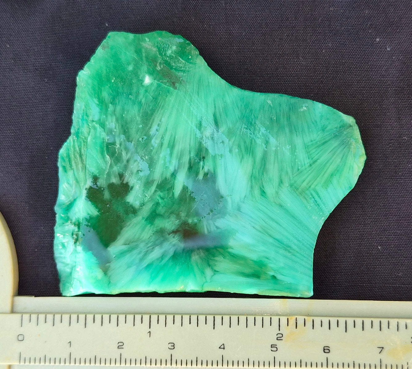 Green chatoyant glass slab 42g - flat lay with ruler